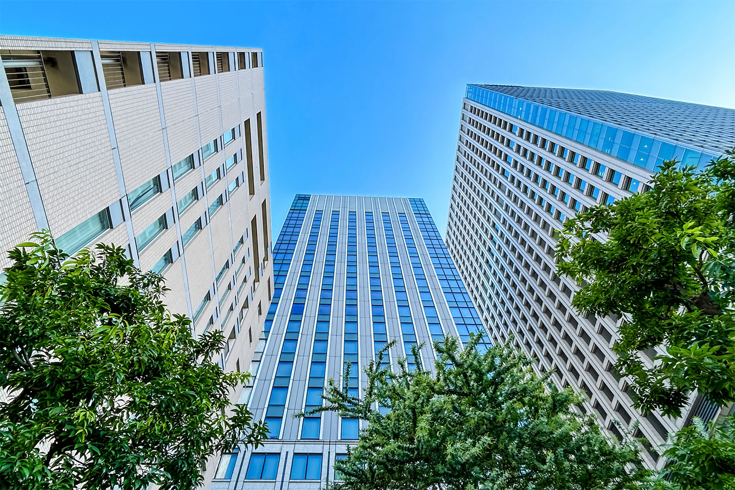 青空の下にそびえ立つ都市部のオフィスビル群を見上げた風景